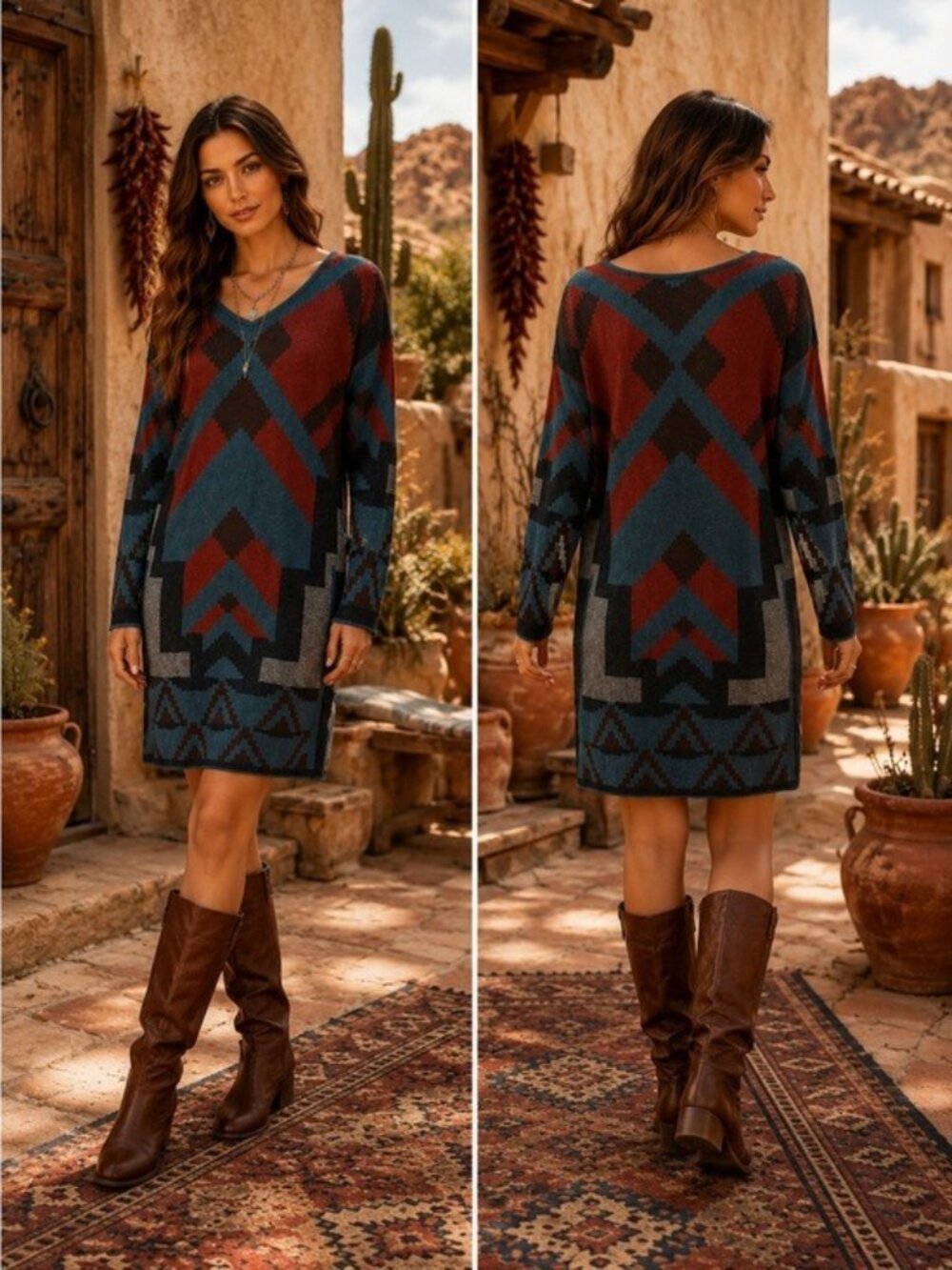 Peruvian Connection Aztec Knit V-Neck Dress in Rust & Teal